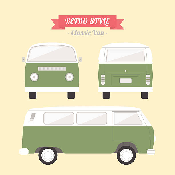 White and Green Retro Style Classic Van vector art illustration