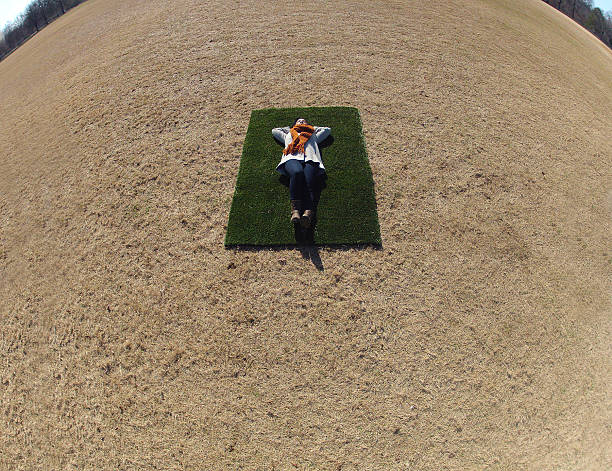 Aerial shot of a young woman laying on a small patch of green grass surrounded by a field of dead brown grass.