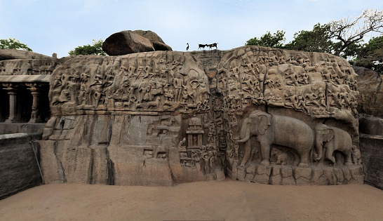 Ancient basreliefs Descent of the Ganges, a UNESCO World Heritage site in Mamallapuram, Tamil Nadu, India