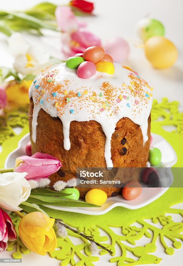 Easter cake and eggs Easter cake and  eggs on festive Easter table Kulich Stock Photo