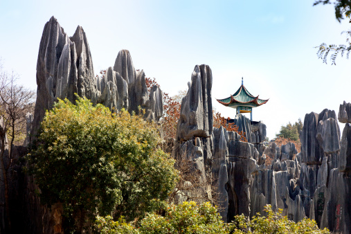 The Stone Forest is an eroded limestone area near Kunming in China, where the stone pinnacles form a maze of passages over a large area.