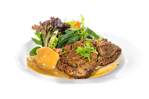istock Rump steak with mashed potatoes and mix vegetable on plate 466325658