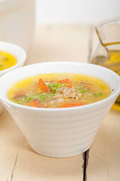 sirio caldo aleppo estilo sopa de cebada - vegetable barley soup fotografías e imágenes de stock