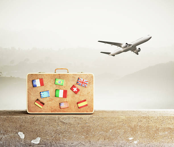istock travel bag with many flags 466327460