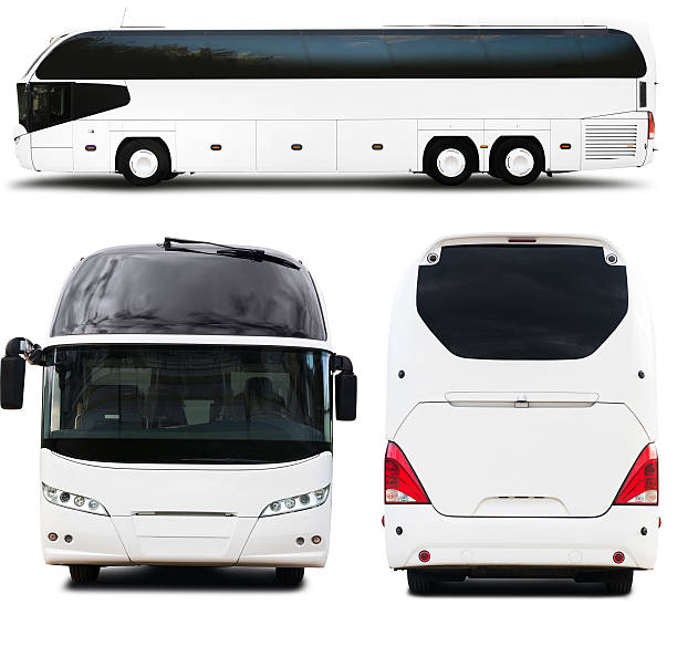 White Coach Bus (clipping path included) Side-, front-, and back view of a modern unlabled coach bus, isolated on white.  coach bus photos stock pictures, royalty-free photos & images