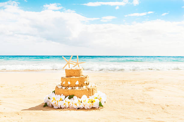 Subject: Wedding cake with figurines of groom carrying bride on a destination wedding on a tropical beach paradise.