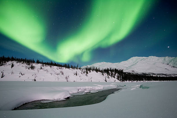 Aurora Borealis display, above the Endicott Mountains and Snow covered River, Alaska