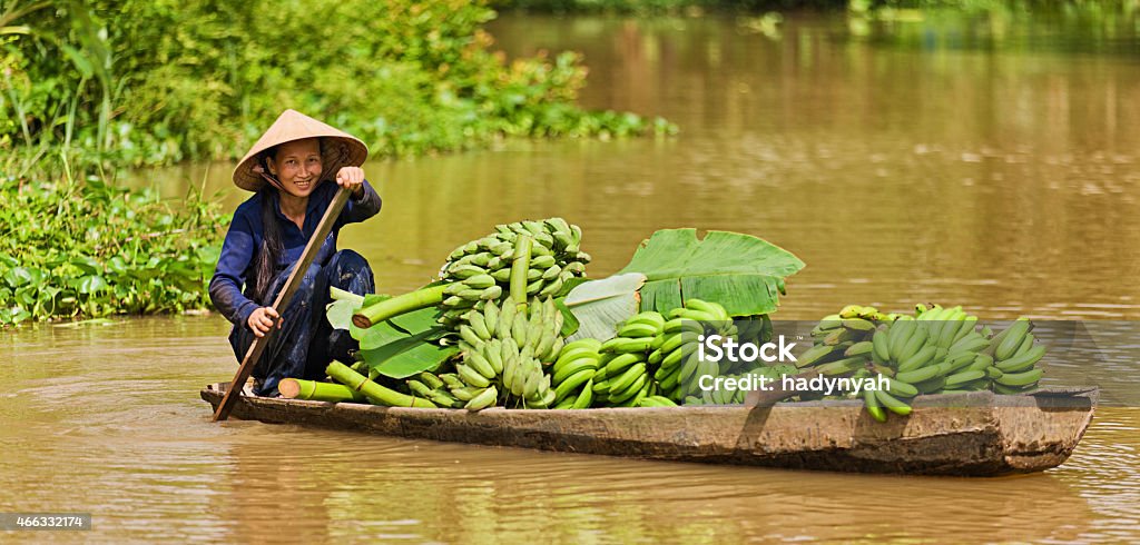 Vietnamese woman rowing  boat in the Mekong River Delta, Vietnam Vietnamese fruits seller - woman rowing boat in the Mekong river delta & selling bananas, Vietnam. Banana Stock Photo