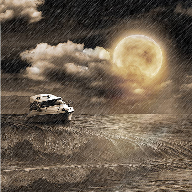 istock Boat in storm  evening on ocean and the moon 466332279