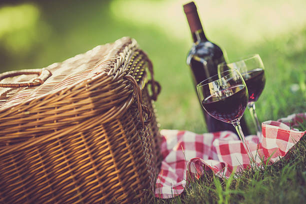 Two Glasses of Red Wine at Picnic stock photo