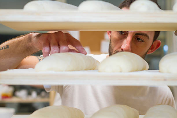 Baker checking bread dough Baker checking bread dough using his hands. Focus on baker bread proofer stock pictures, royalty-free photos & images