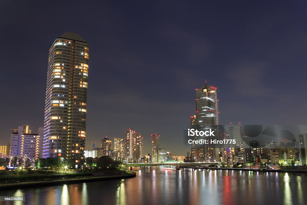 Skyscraper in Tokyo at dusk Skyscrapers to the direction of Tsukuda and Tsukishima district in Tokyo. 2015 Stock Photo