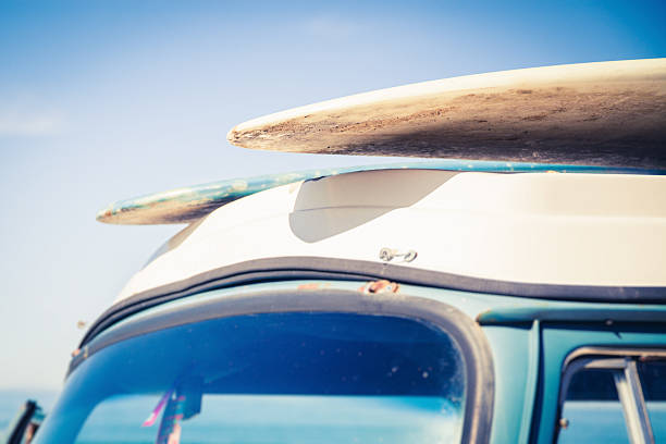 Two surfboards on top of a car  surfboards on an old van san clemente california stock pictures, royalty-free photos & images