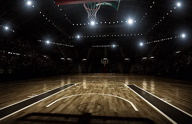 Indoor floodlit basketball arena full of spectators - full 3D