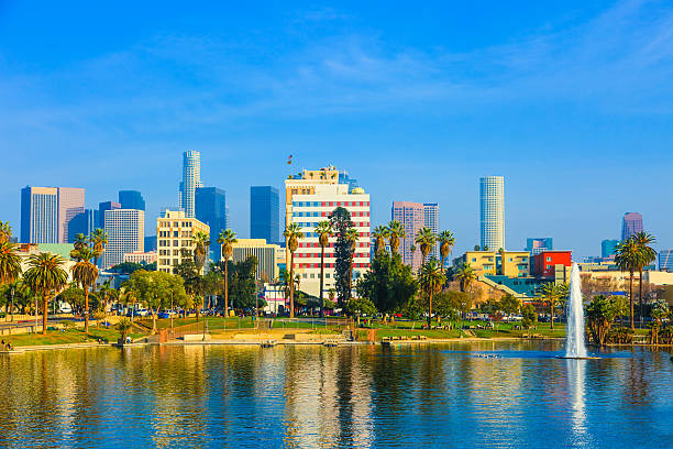 istock Skyscrapers of Los Angeles skyline,reflection,lake,architecture,CA 466337230