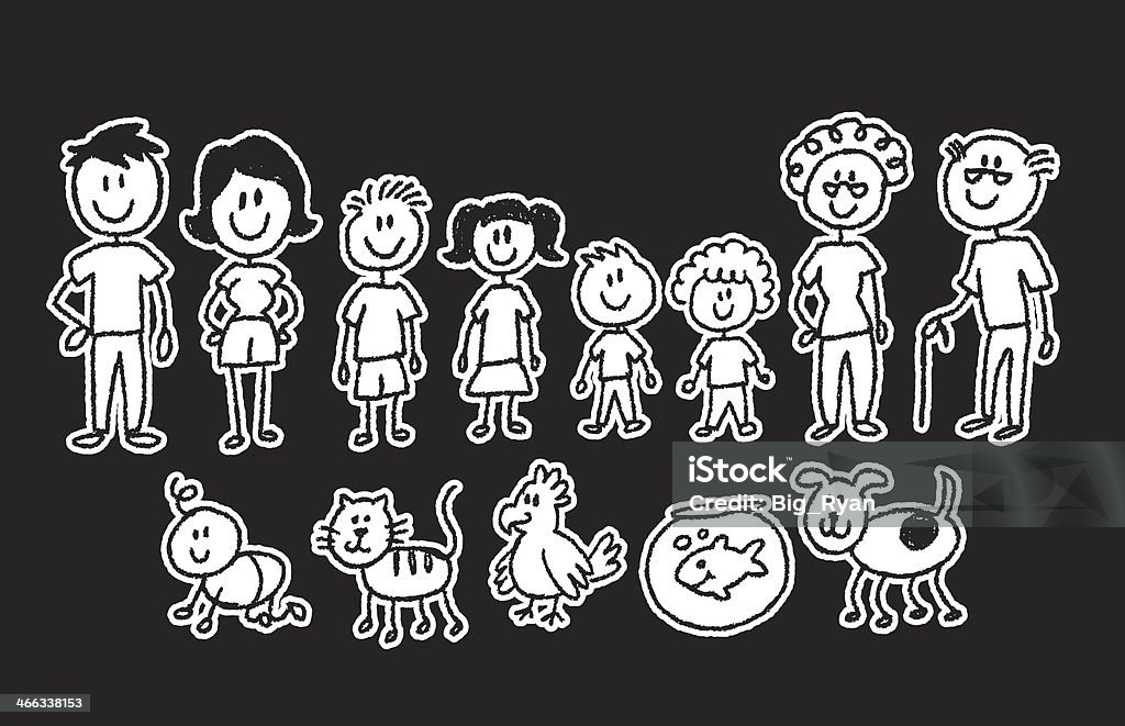 stick figure family on black stick figure family complete with pets Stick Figure stock vector