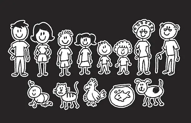 Vector illustration of stick figure family on black