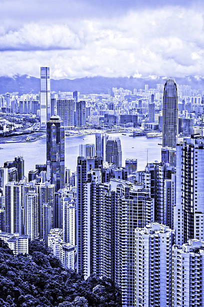 Hong Kong skyline Hong Kong skyline, Victoria Harbour between Hong Kong Island and Kowloon, view from Victoria Peak, Hong Kong international commerce center stock pictures, royalty-free photos & images