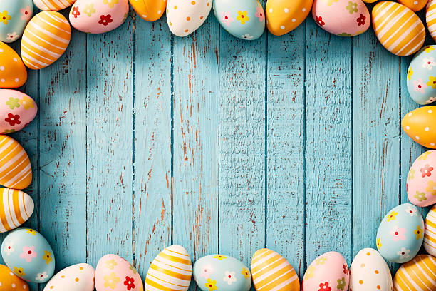 istock Easter Eggs on Old Blue Wood - Season Background Frame 466339486