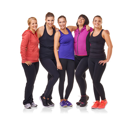 A group of excited women of different body shapes standing isolated on white while wearing sportswearhttp://195.154.178.81/DATA/istock_collage/0/shoots/782733.jpg