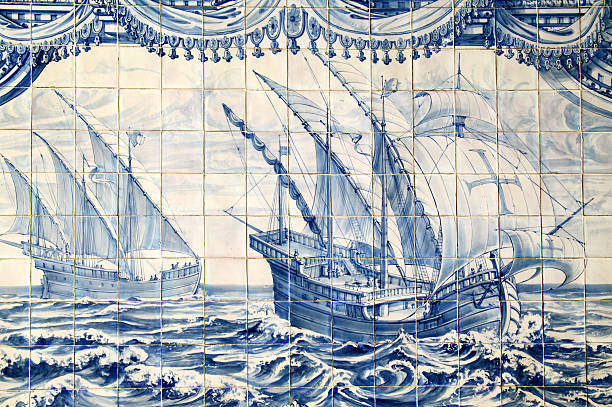 Historical "Azulejo" tiles, Lisbon, Portugal Historical "Azulejo" ceramic tiles, ca 1775 depicting caravels on the Portuguese voyages of discovery. Oeiras, Lisbon, Portugal. No copyright issues, 18th century public location. lisbon azulejo stock pictures, royalty-free photos & images