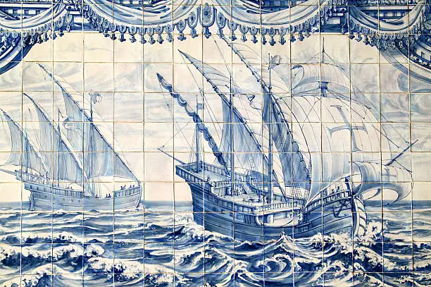 Historical "Azulejo" ceramic tiles, ca 1775 depicting caravels on the Portuguese voyages of discovery. Oeiras, Lisbon, Portugal. No copyright issues, 18th century public location.