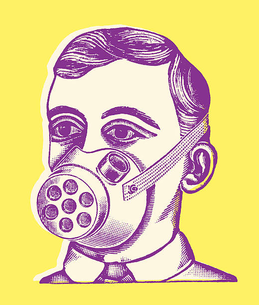 ilustraciones, imágenes clip art, dibujos animados e iconos de stock de hombre wearing máscara - careta antigás