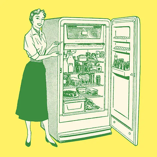 Vector illustration of Woman Standing Next to Fridge