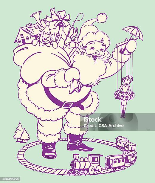 Santa With Toys Stock Illustration - Download Image Now - Puppet, Christmas, Train - Vehicle