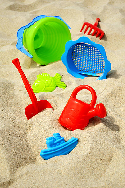 istock Plastic children toys on the sand beach 466346037