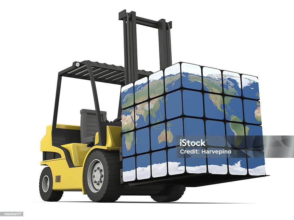 Worldwide delivery Concept of global transportation, modern yellow forklift carrying planet Earth in form of cube, isolated on white background. Elements of this image furnished by NASA. Cargo Container Stock Photo