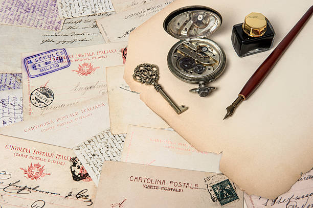 istock antique ink pen, key, clock, old postcards and letters 466351795