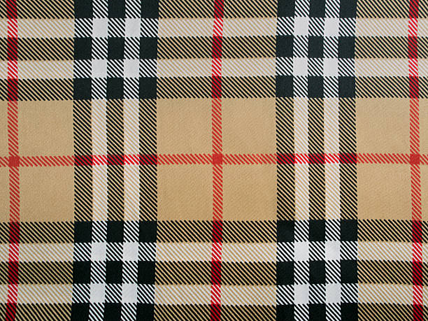 Beige wool plaid fabric with red, black and white stripes
