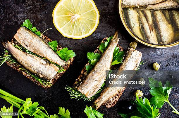 A Sandwich With Sardines And Cilantro Stock Photo - Download Image Now - 2015, Bread, Breakfast