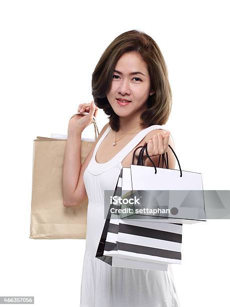 Shopping Woman Asian Happy Smiling Holding Shopping Bags Isolated Stock Photo - Download Image Now