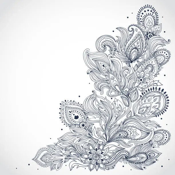 Vector illustration of Black and white Indian floral pattern on a white background