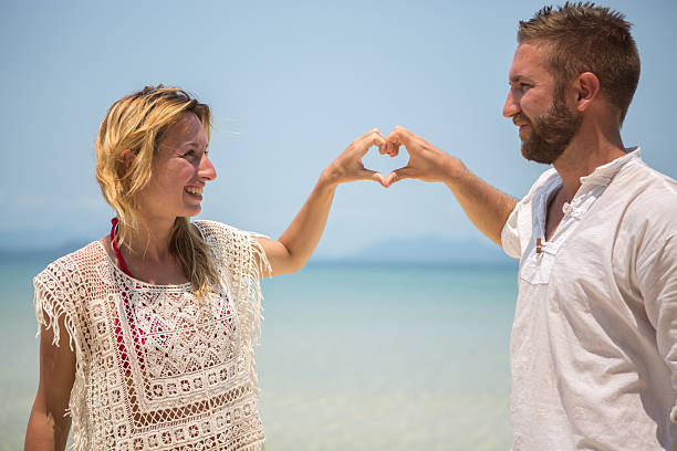istock Couple on tropical beach making heart shape 466361940
