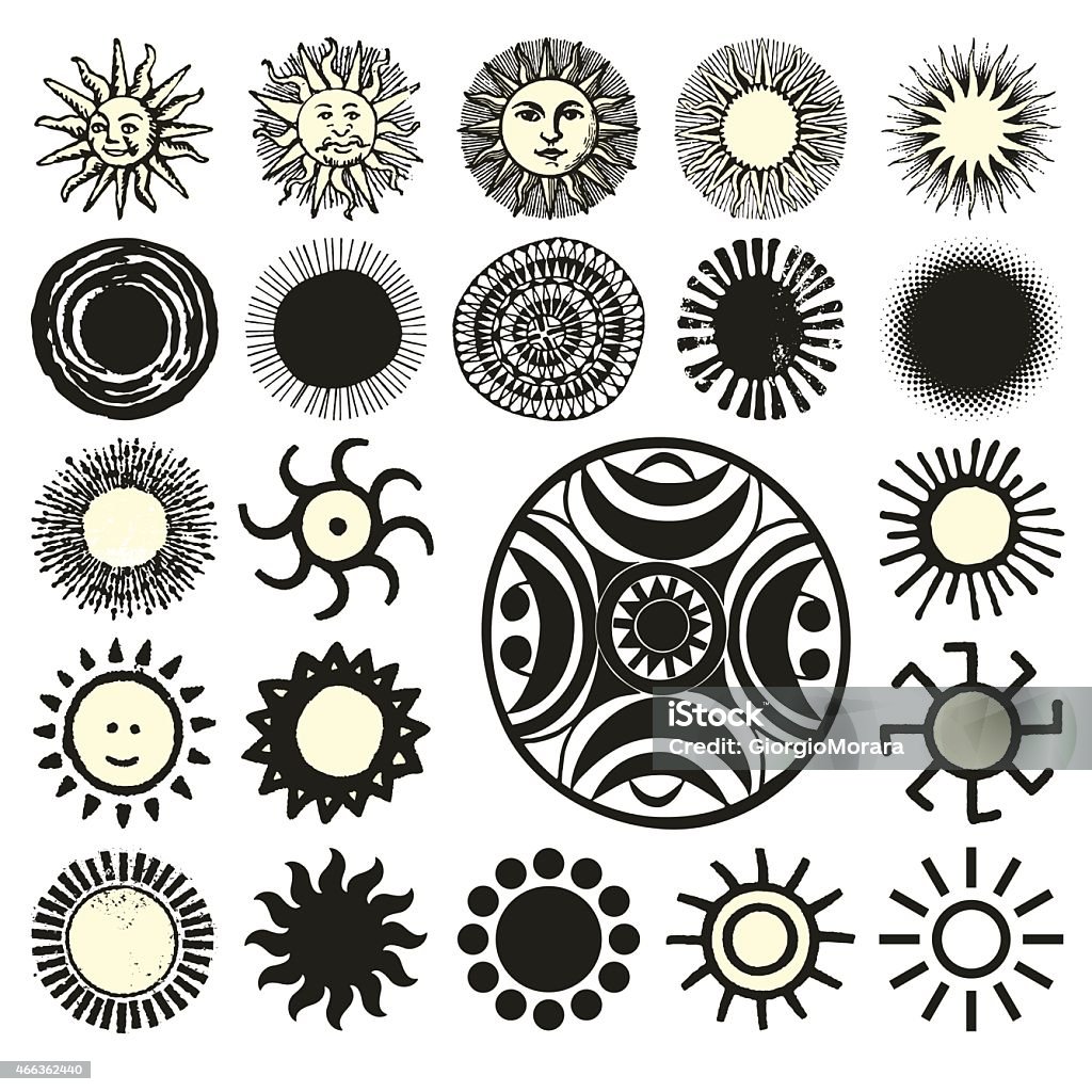 Sun symbols collection Ancient, old, traditional and modern sun symbols Woodcut stock vector