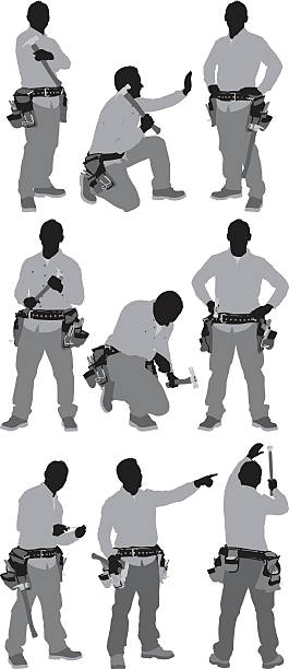 ilustraciones, imágenes clip art, dibujos animados e iconos de stock de carpenter en diferentes poses - hammer isolated human arm holding