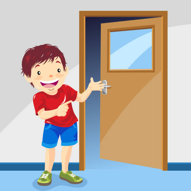 Boy Pointing The Way In Front Of The Door Stock Illustration - Download  Image Now - Door, Child, Open - iStock