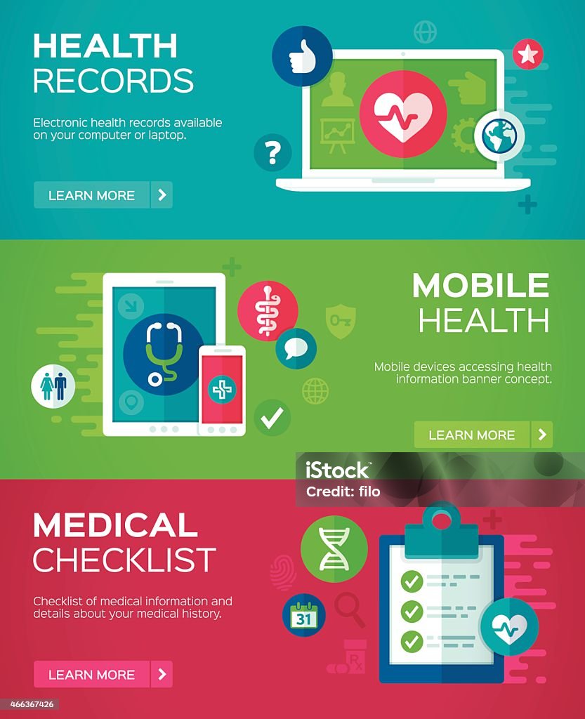 Flat Design Health Banners Flat design health records, data and health information banner backgrounds with space for your copy. EPS 10 file. Transparency effects used on highlight elements. Healthcare And Medicine stock vector