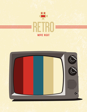 Retro movie poster design with retro text, old tv, and old camera icon.
