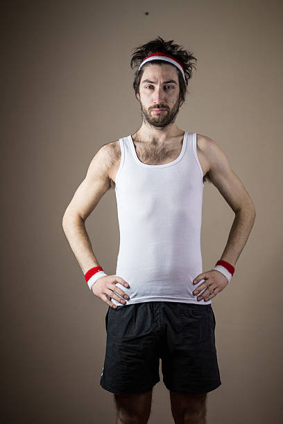 istock Nerd posing in a funny sport clothing 466376950