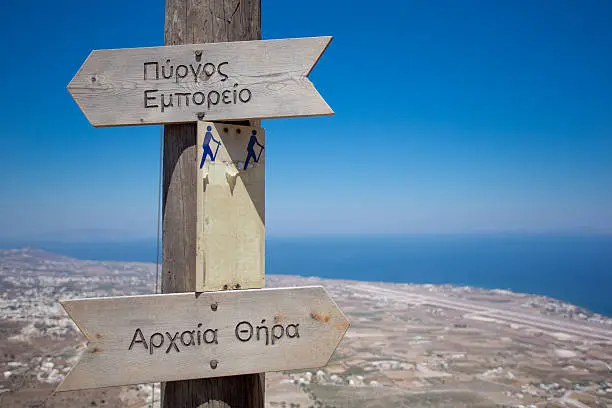 Roadsigns and panoramic view of the island of Santorini, Greece, 2013.