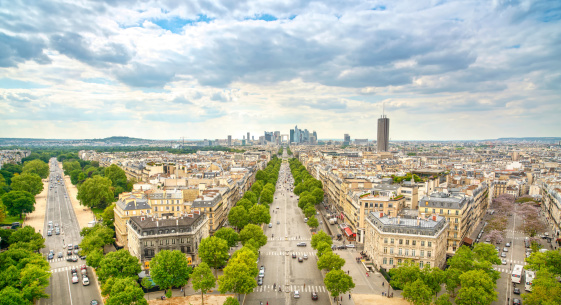The Defense business area, La Grande Armee avenue. View from Arc de Triomphe. Paris, France, Europe.