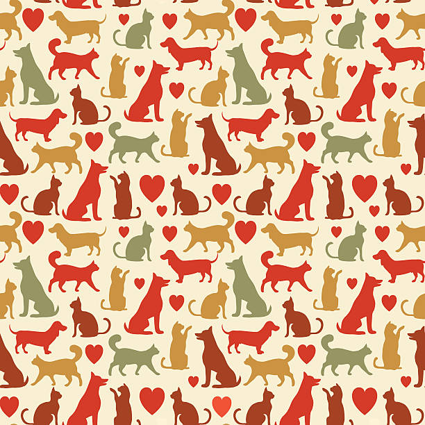 Vector seamless pattern with cats and dogs pets love illustration, seamless pattern with pets and heart kitten wallpaper stock illustrations