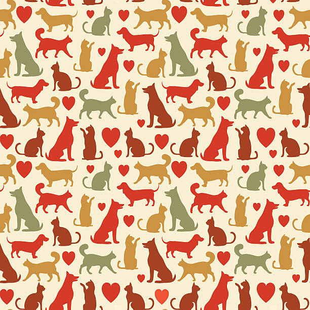 Vector seamless pattern with cats and dogs pets love illustration, seamless pattern with pets and heart domestic animals background stock illustrations