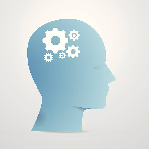 Blue Vector head silhouette with cogs instead of brain vector art illustration