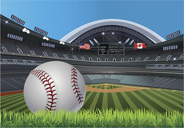 Baseball stadium USA and Canada Flag Baseball ball in a Glove on the Field and Helmet baseball stadium chairs stock illustrations