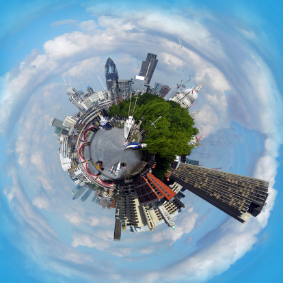 Tiny Planet Panorama of London Skyline from the Embankment.